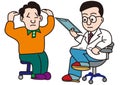 A doctor asking questions while looking at the medical record and a male patient who is troubled by what he hears